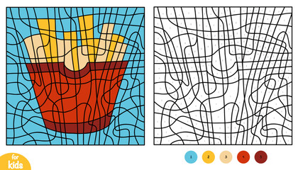 Color by number, education game for kids, French fries potato. Square coloring page