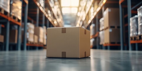 Photo of a cardboard box on an unpainted environment in the warehouse, with boxes