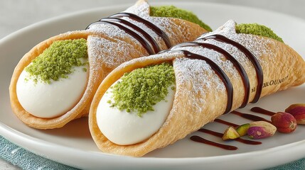 Delicious pistachio cannoli pastries with chocolate drizzle and powdered sugar on a plate
