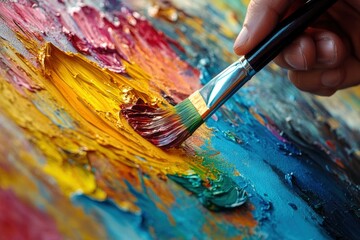 Obraz premium Vibrant hand painting with a brush on a textured canvas, showcasing colorful strokes and blending