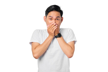 Portrait of scared young Asian man covering mouth with two hands isolated on transparent background