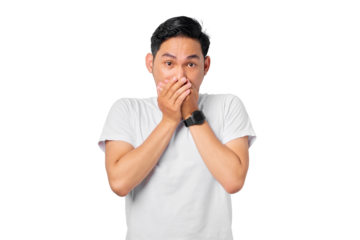 Portrait of scared young Asian man covering mouth with two hands isolated on transparent background