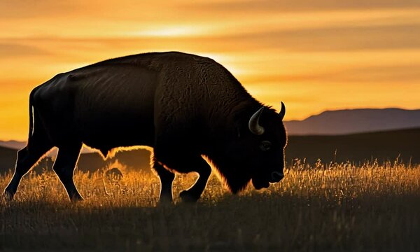 buffalo in the field at sunset