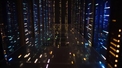 Fototapeta premium Server Racks Forming Digital Matrix Patterns with Flickering Lights Transparent Background