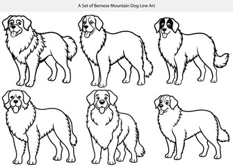 Adorable Bernese Mountain Dog outline illustrations in a variety of cute cartoon poses, ideal for dog-themed crafts, pet lover merchandise, digital stamps, coloring books, and sublimation clipart desi