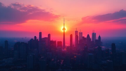 Fototapeta premium Sunrise over a vibrant city skyline