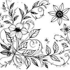 Delicate black and white floral line art featuring hand-drawn flowers, leaves, and vines, perfect for coloring pages, botanical designs, and elegant decorative elements.