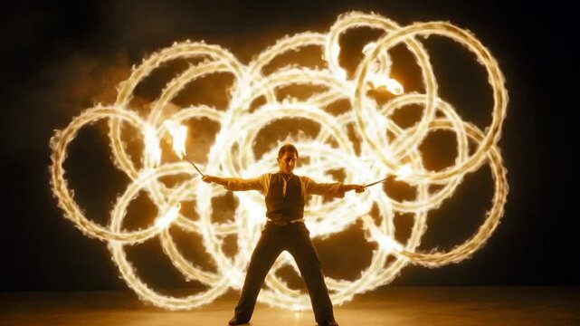 Fire Dancer Performance in Dark Studio