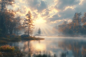 Serene lake landscape with foggy mist sun rays and trees reflection