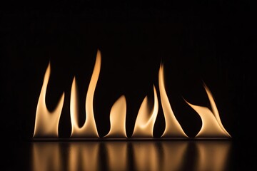Flames rising against a black background, reflecting on a surface below  The flames are various shades of orange and yellow, with a defined, detailed structure