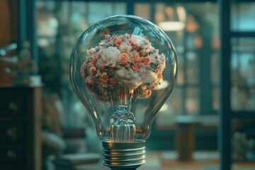 conceptual art showing mind and creativity inside light bulb shell, 3d rendering