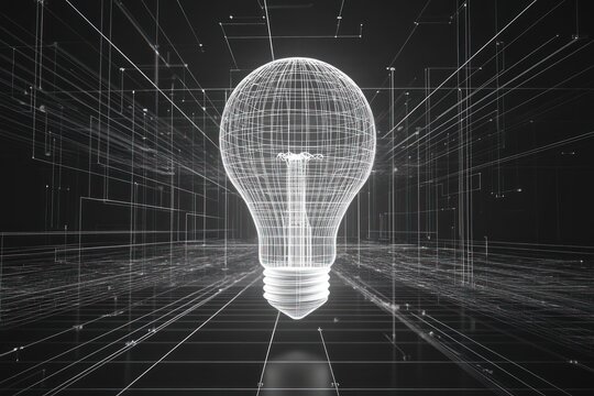 conceptual wireframe light bulb glowing in darkness, innovation metaphor, 3d render