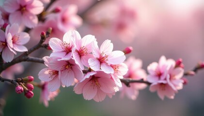 Obraz premium Delicate pink sakura blossoms, full bloom, soft focus, textile, floral