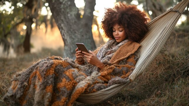 Serene Woman Enjoying Hammock Time with Mobile Device Amidst Nature