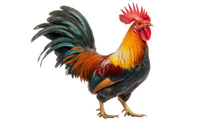 Fototapeta premium A proud rooster crowing at sunrise, its colorful feathers standing out, Transparent background, PNG file