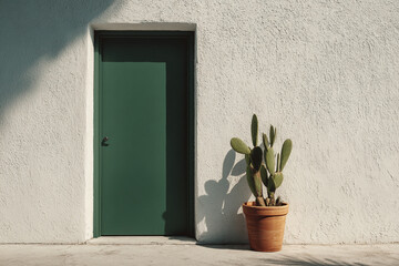 A deep green solid door next to a cactus plant on a white stucco wall.