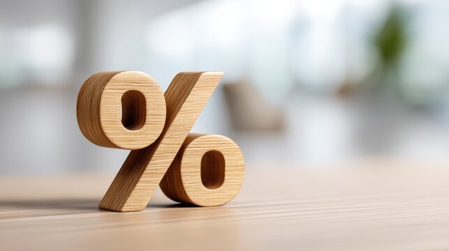 A wooden percentage symbol sits on a light wooden table with a blurred office background.
