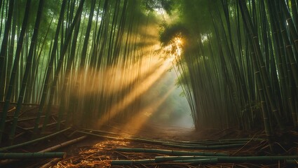Sunlight Streaming Through Dense Green Bamboo Forest on a Foggy Day