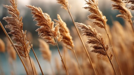 Tall golden grasses sway gently in the breeze against a soft, blurred natural background.