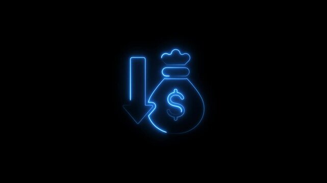 Neon illustration of money bag with dollar symbol and downward arrow