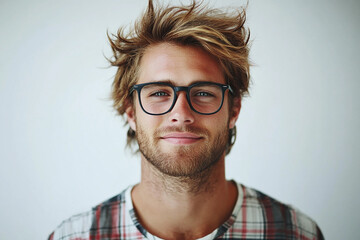 Obraz premium Close-up of a man wearing glasses on a white background, a man wearing glasses looks up