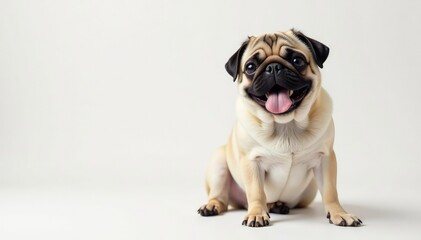 Obraz premium Adorable pug dog sits against white background, isolated background, pet portrait, dog breed