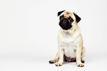 Obraz premium Adorable pug dog sits alone against pure white background , funny, friend, stock photo