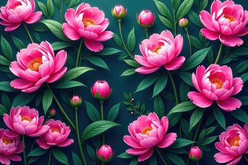 Fototapeta premium Bold peony blossoms, lush greenery, continuous pattern, design, bloom