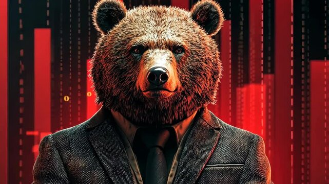 A bear in a classic suit stands against a red declining chart, symbolizing a bear market on cryptocurrency exchanges and financial downturn.