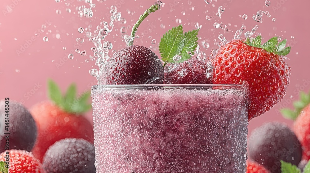 Poster refreshing fruit cocktail with splashing water and berries in a pink setting