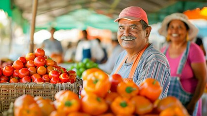Farmers Market: A vibrant farmers market scene showcasing a cheerful vendor and customer surrounded by fresh, colorful produce, capturing the essence of community and healthy living. - Powered by Adobe