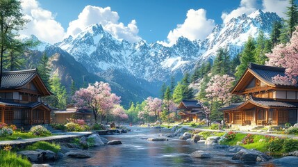 Scenic Japanese Landscape with Traditional Houses, River and Majestic Mountains