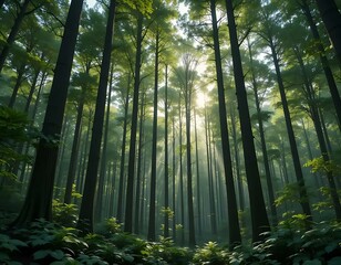 Sunlight streams through dense, tall trees in a peaceful forest with green foliage below canopy.
