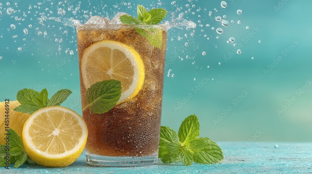 Poster refreshing iced tea with lemon, mint, and ice splashing in a summery scene