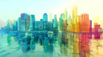 Fototapeta premium Colorful digital cityscape reflecting on water.