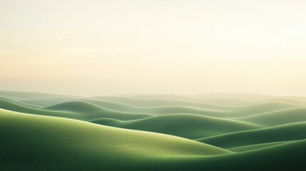 Serene green hills at dawn, gentle rolling landscape under soft light, tranquil atmosphere perfect for relaxation or inspiration.