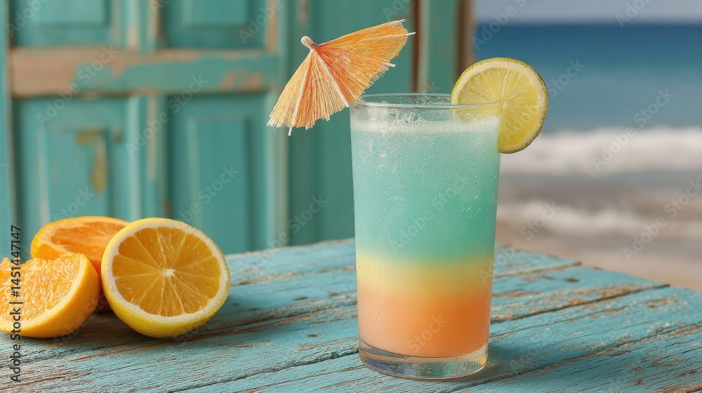 Poster refreshing layered cocktail with fruit slices and a beach umbrella on a table