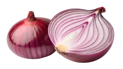 A perfectly halved red onion with its layers visible, alongside a whole red onion, both set against a stark transparent background.