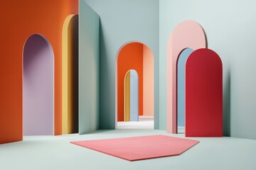 creative 3d scene with several open doors in different colors on minimalist background