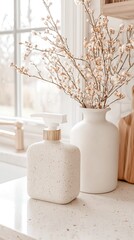 White Speckled Soap Dispenser and Vase with Dried Flowers on Kitchen Counter