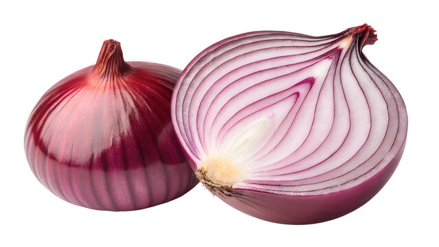 A perfectly halved red onion with its layers visible, alongside a whole red onion, both set against a stark transparent background.