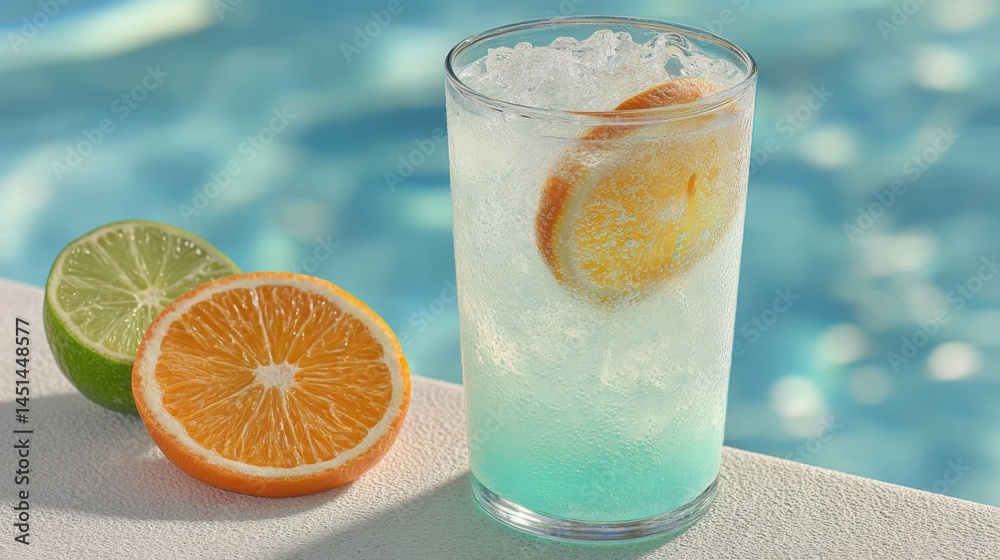 Poster refreshing summer cocktail with orange slice and lime near a sparkling pool
