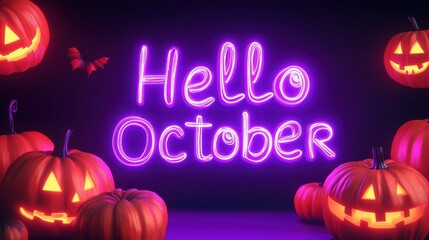 Halloween themed decor, glowing neon sign saying Hello October, carved pumpkins with spooky expressions, vibrant festive mood.