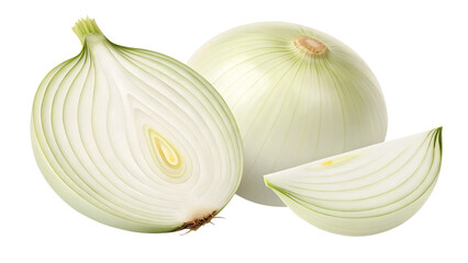 A close-up shot of a halved white onion and a whole white onion with one segment sliced off, revealing the layers within, against a Transparent background