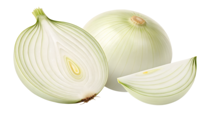 A close-up shot of a halved white onion and a whole white onion with one segment sliced off, revealing the layers within, against a Transparent background