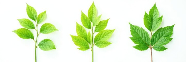 Fototapeta premium Three isolated branches with varying shades of green leaves, nature photography, , plant life