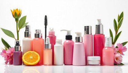 White background showcasing diverse cosmetics, jar, set