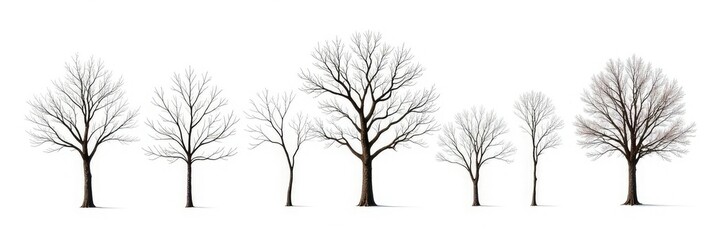 A bunch of bare branches with different shapes and sizes isolated against a white background, size, tree, shape