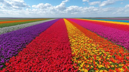 Stunning aerial view of colorful tulip fields in full bloom during springtime with vibrant colors and patterns
