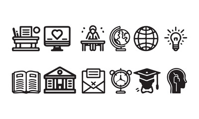 Education silhouette thin line art icon set vector art on white background